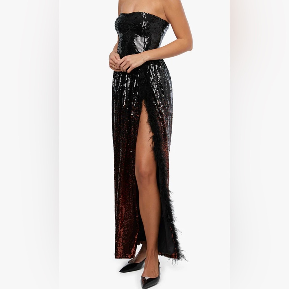 WeWoreWhat Sequin Corset Gown w/ Ostrich Feather Trim – Black/Brown – NWT Size 4